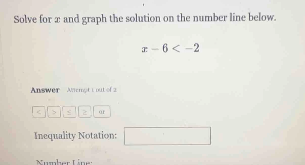 solve for $x$ and graph the solution on the number line below. $x - 6 <…