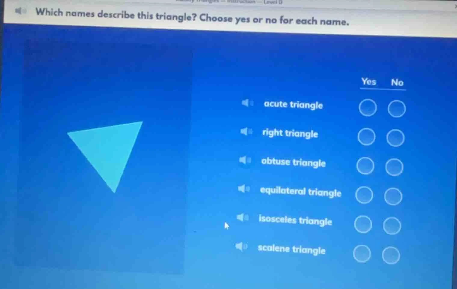 which names describe this triangle? choose yes or no for each name. acu…