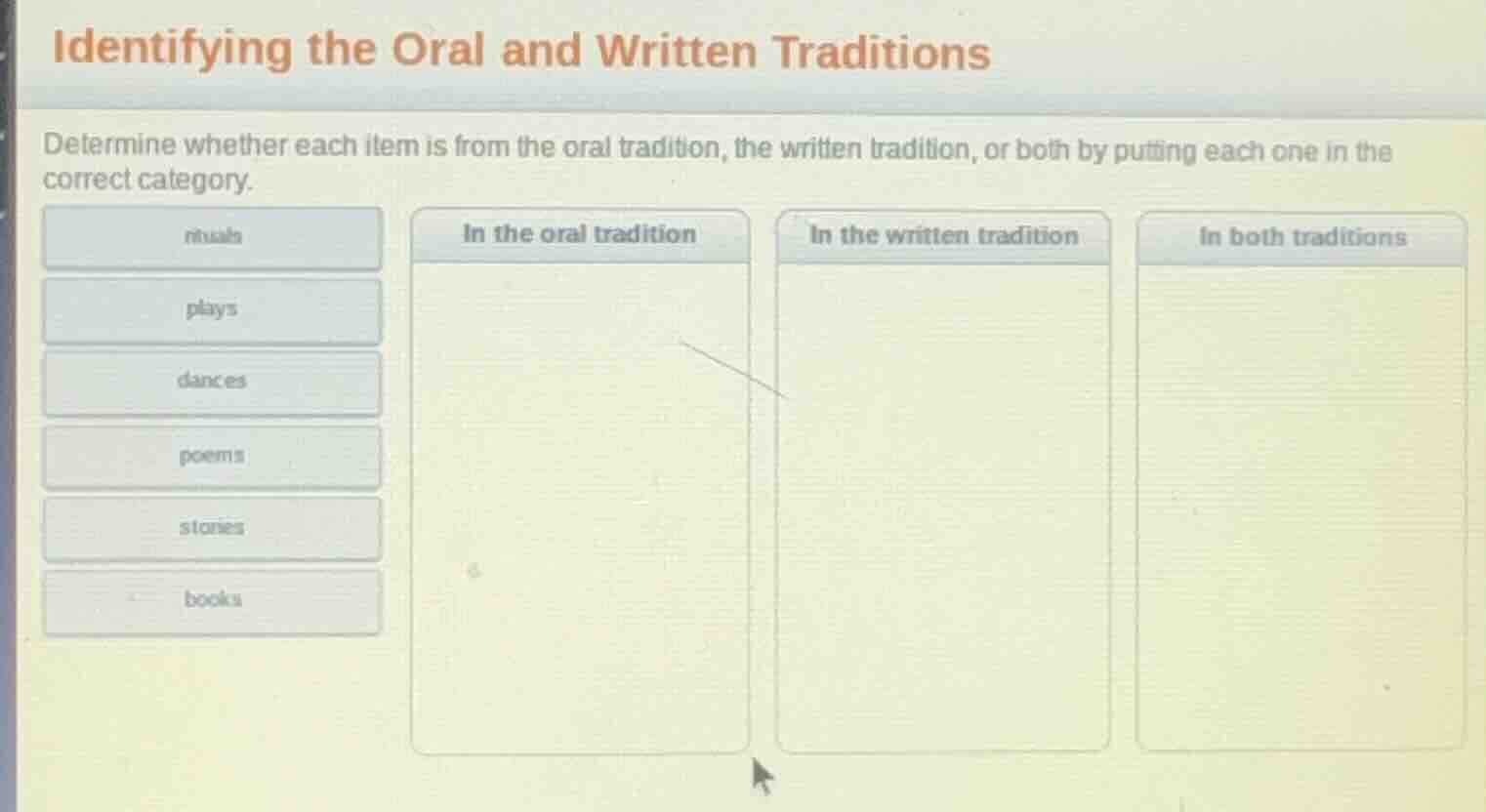 identifying the oral and written traditions determine whether each item…