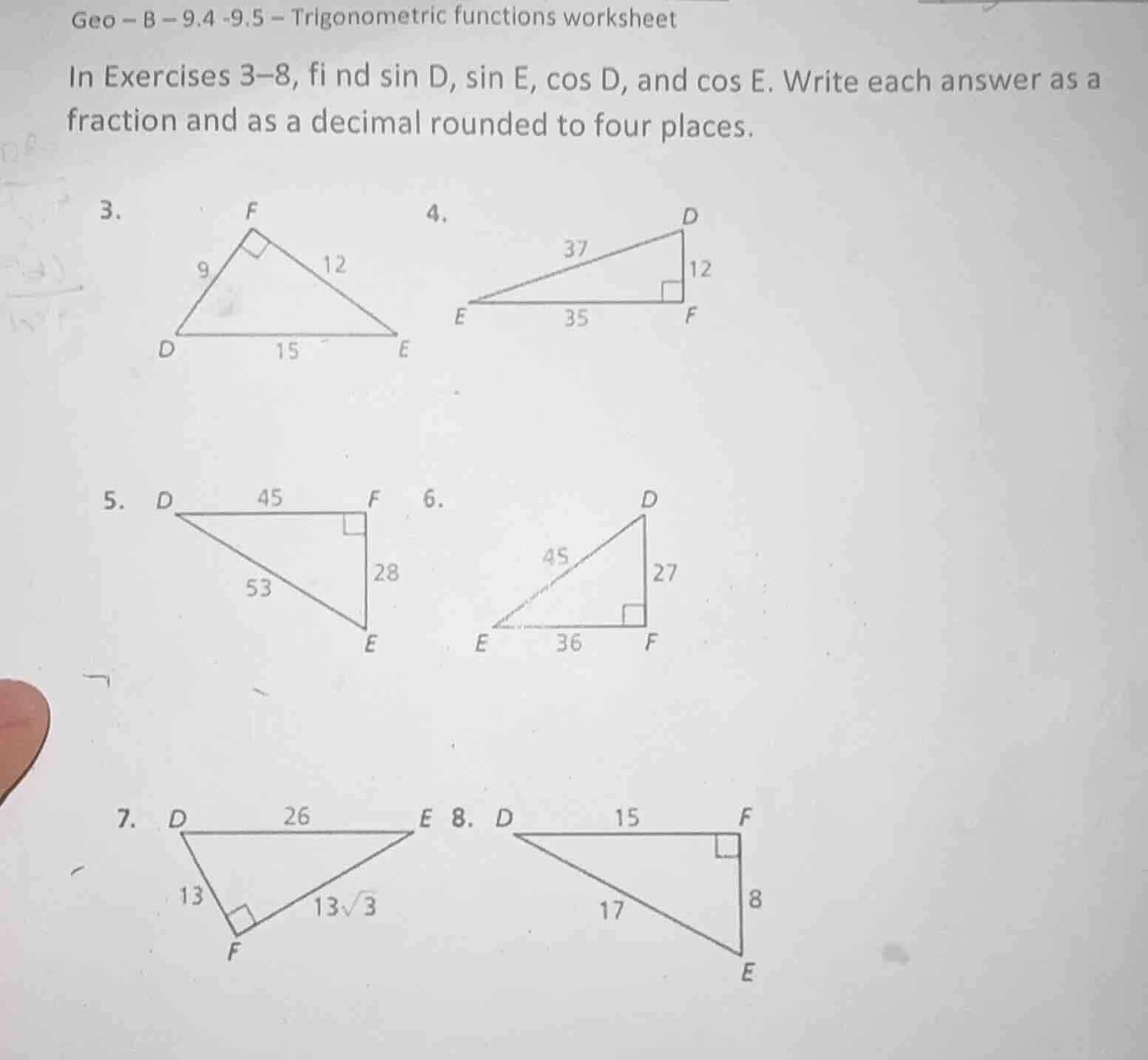 geo - b - 9.4 -9.5 - trigonometric functions worksheet in exercises 3-8…