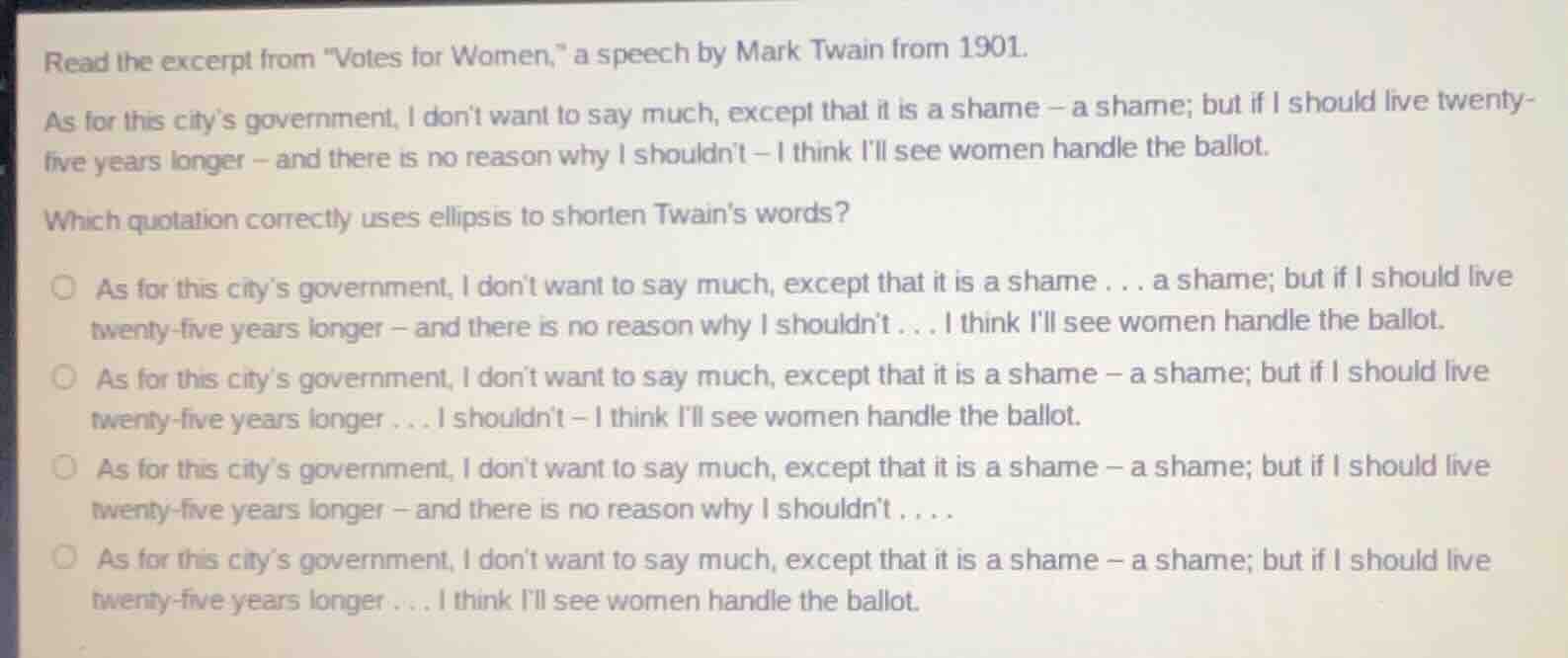 read the excerpt from \votes for women,\ a speech by mark twain from 19…
