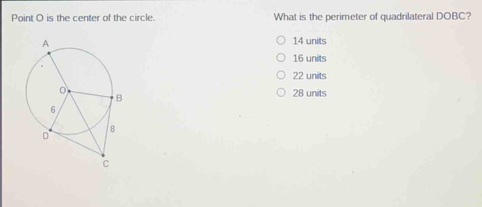point o is the center of the circle. what is the perimeter of quadrilat…