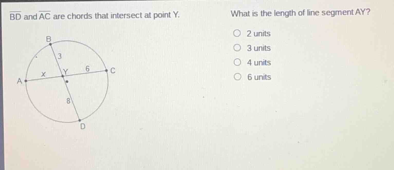 $\\overline{bd}$ and $\\overline{ac}$ are chords that intersect at poin…