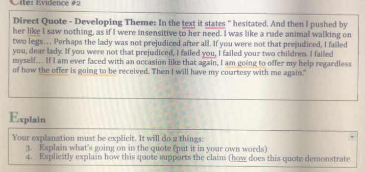 cite: evidence #2 direct quote - developing theme: in the text it state…