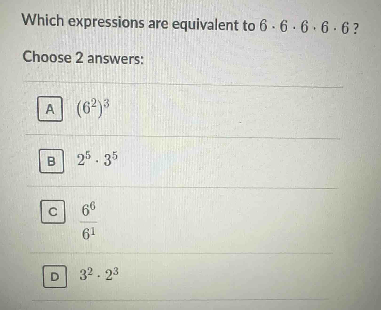 which expressions are equivalent to $6 \\cdot 6 \\cdot 6 \\cdot 6 \\cdo…