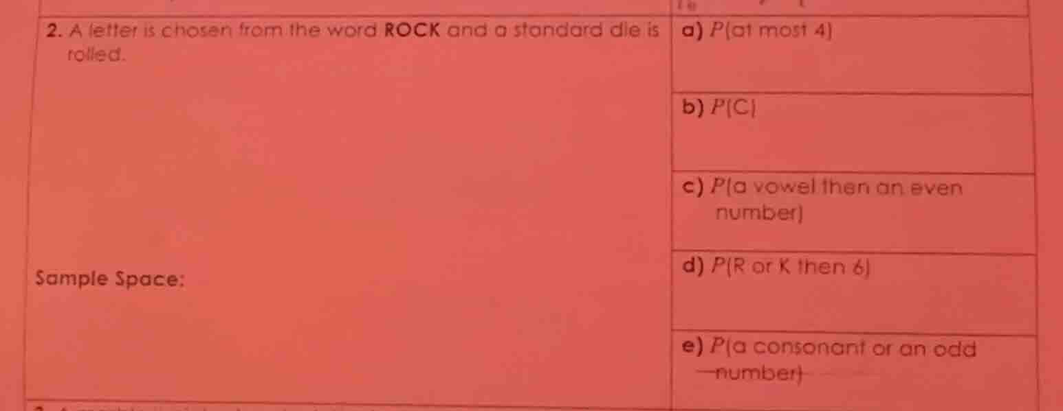 2. a letter is chosen from the word rock and a standard die is rolled. …