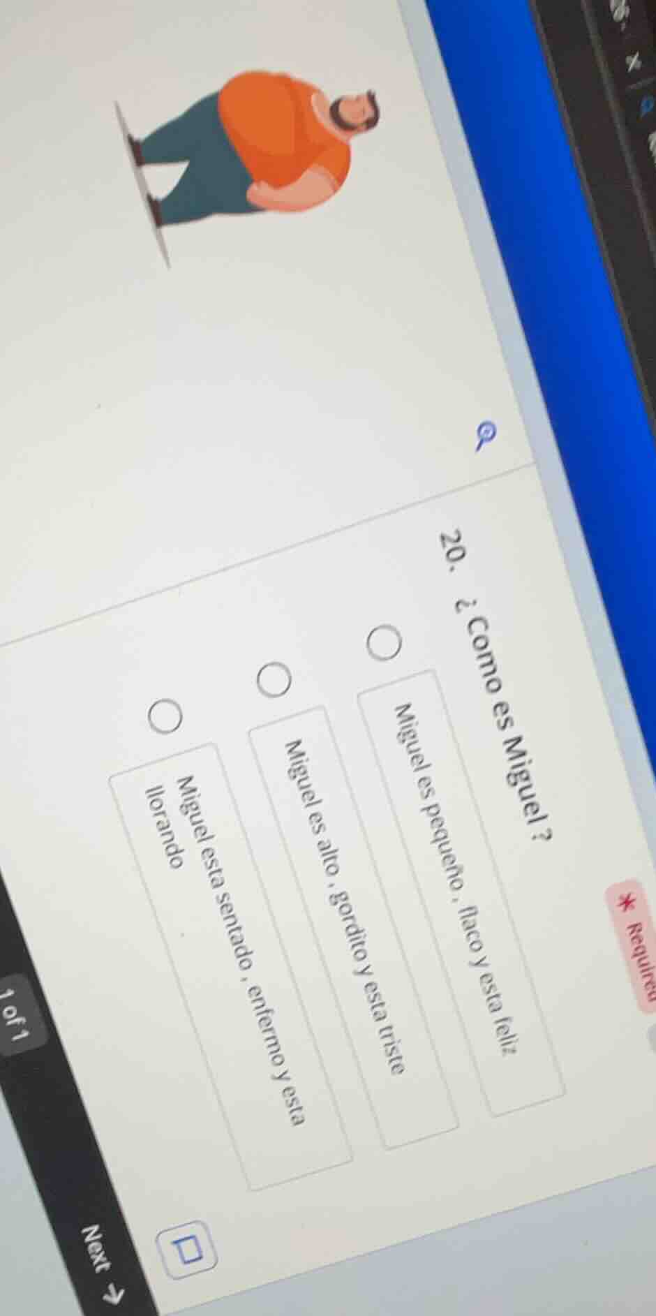 20. ¿como es miguel?○ miguel es pequeño, flaco y esta feliz○ miguel es …