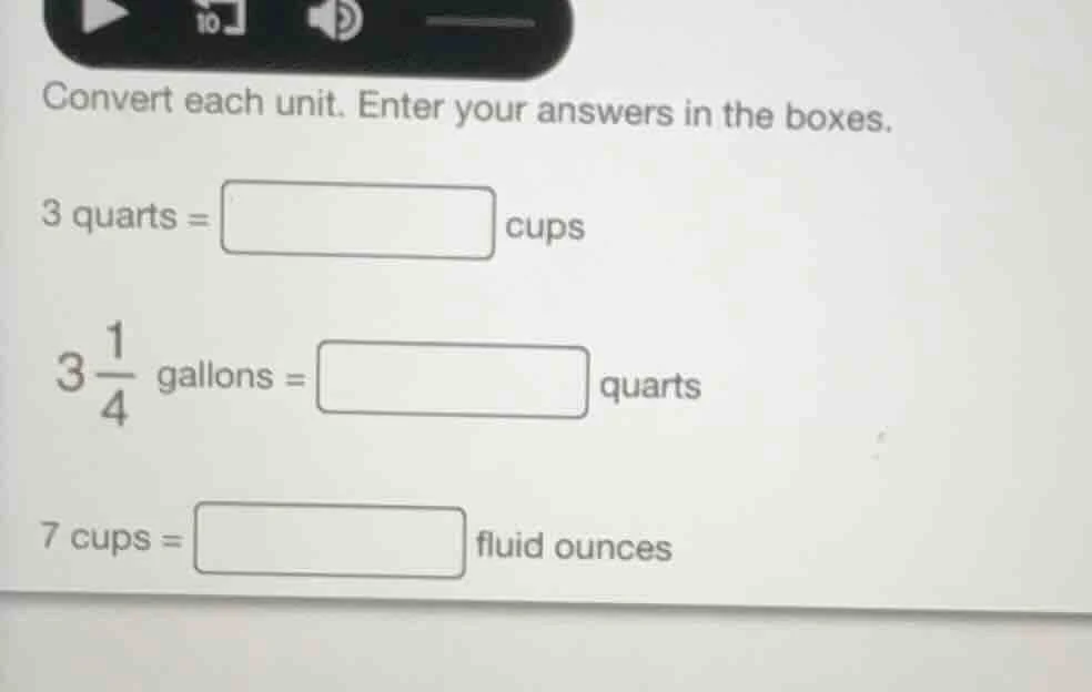 convert each unit. enter your answers in the boxes. 3 quarts = $\boldsy…
