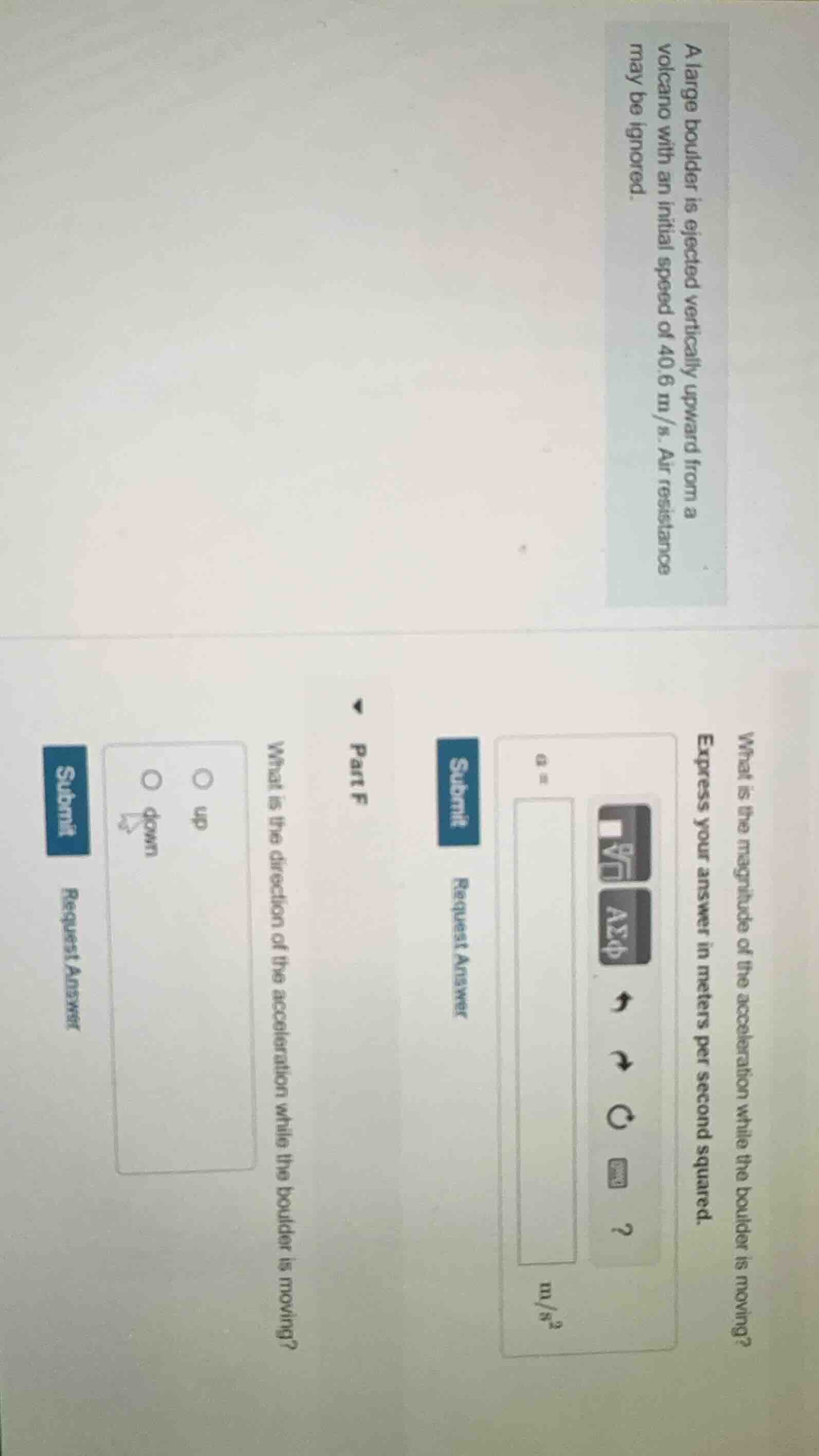 a large boulder is ejected vertically upward from a volcano with an ini…