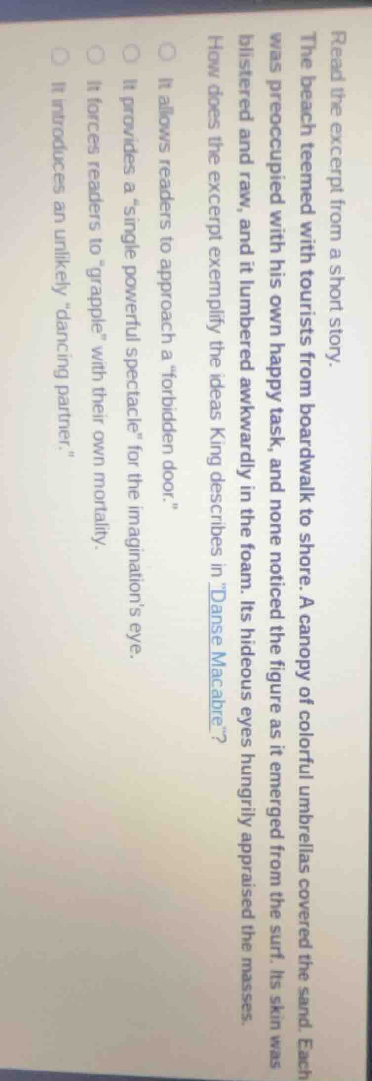 read the excerpt from a short story. the beach teemed with tourists fro…