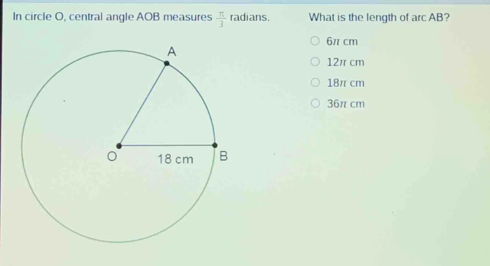 in circle o, central angle aob measures $\frac{pi}{3}$ radians. what is…