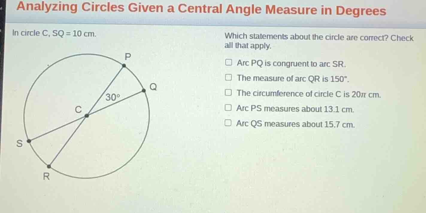 analyzing circles given a central angle measure in degrees in circle c,…