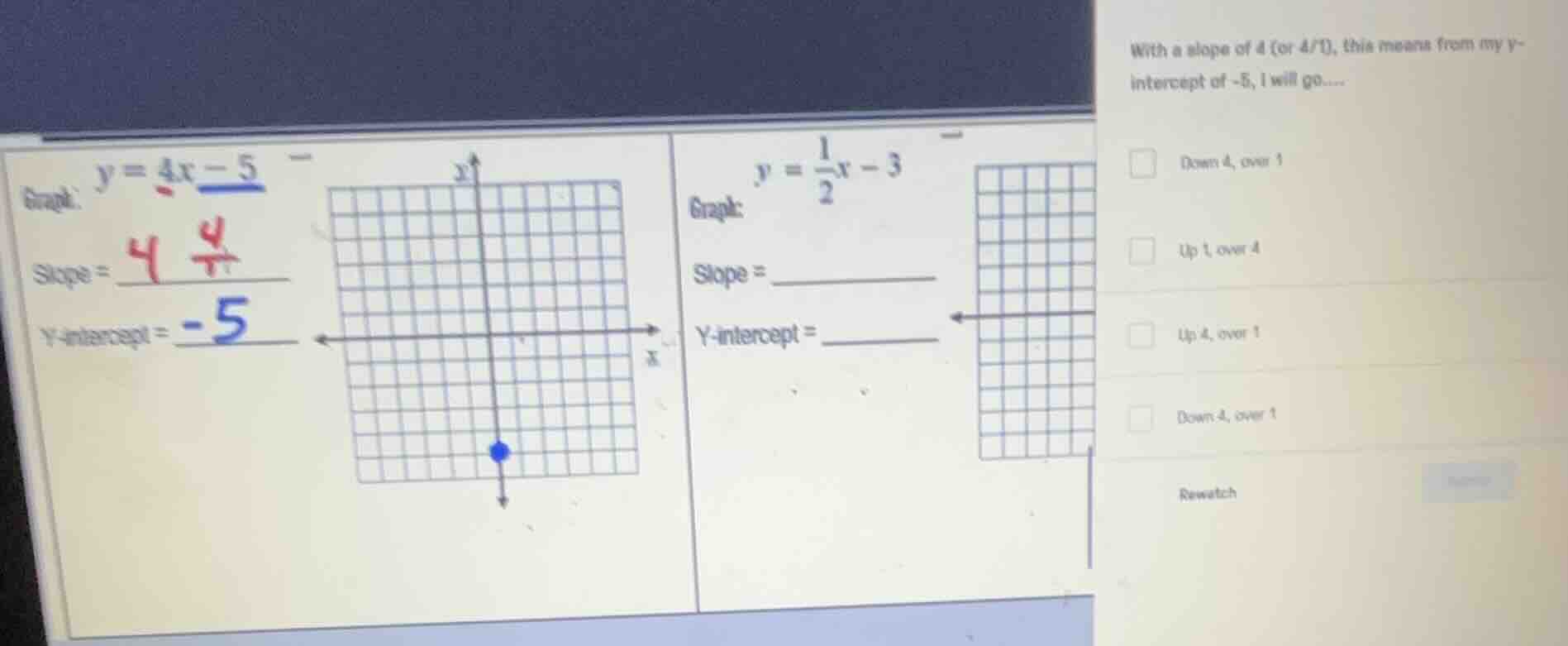 graph: $y = 4x - 5$ slope = $\frac{4}{1}$ y-intercept = $-5$ graph: $y …