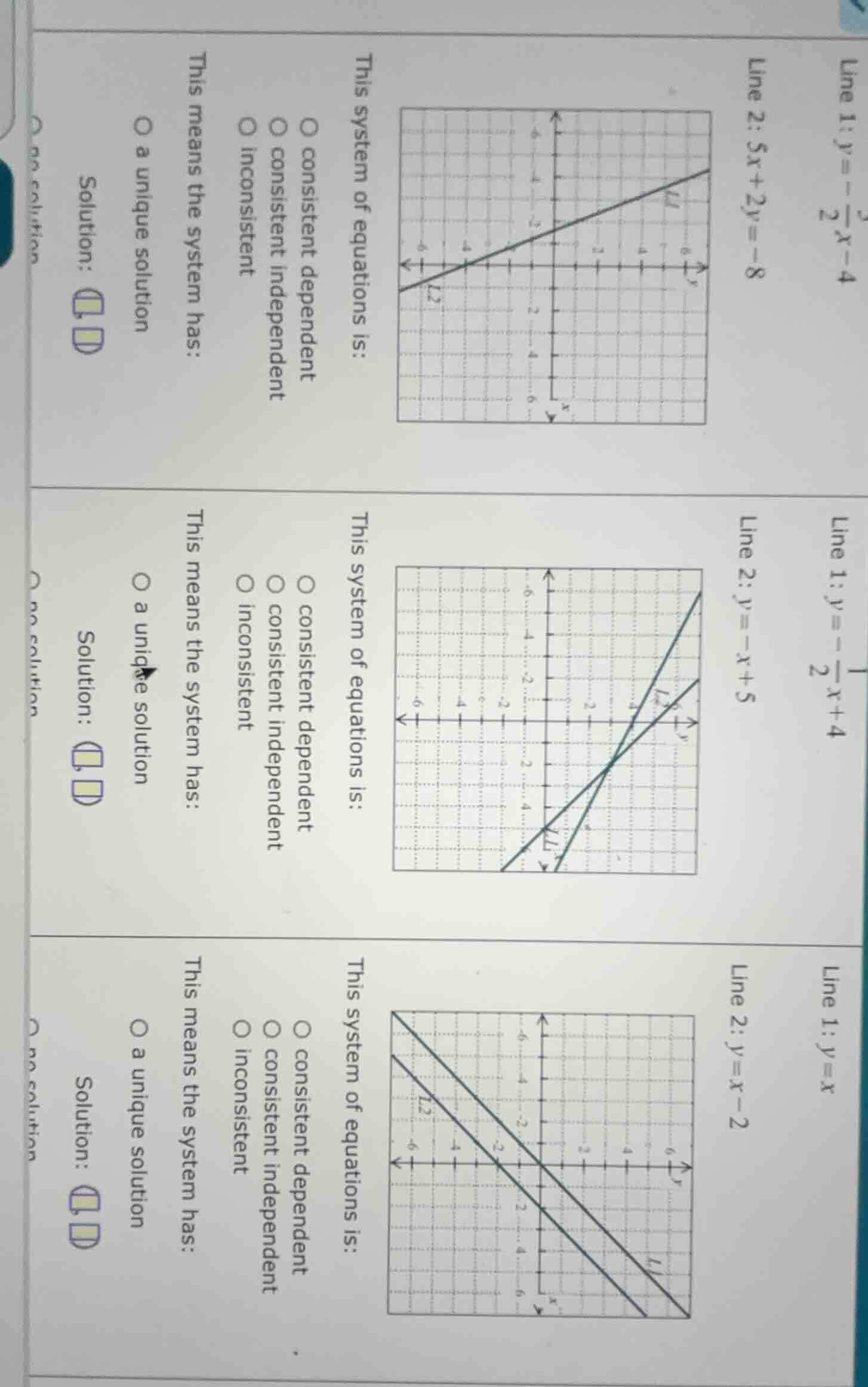 1. line 1: $y=-\frac{3}{2}x-4$ line 2: $5x+2y=-8$ this system of equati…