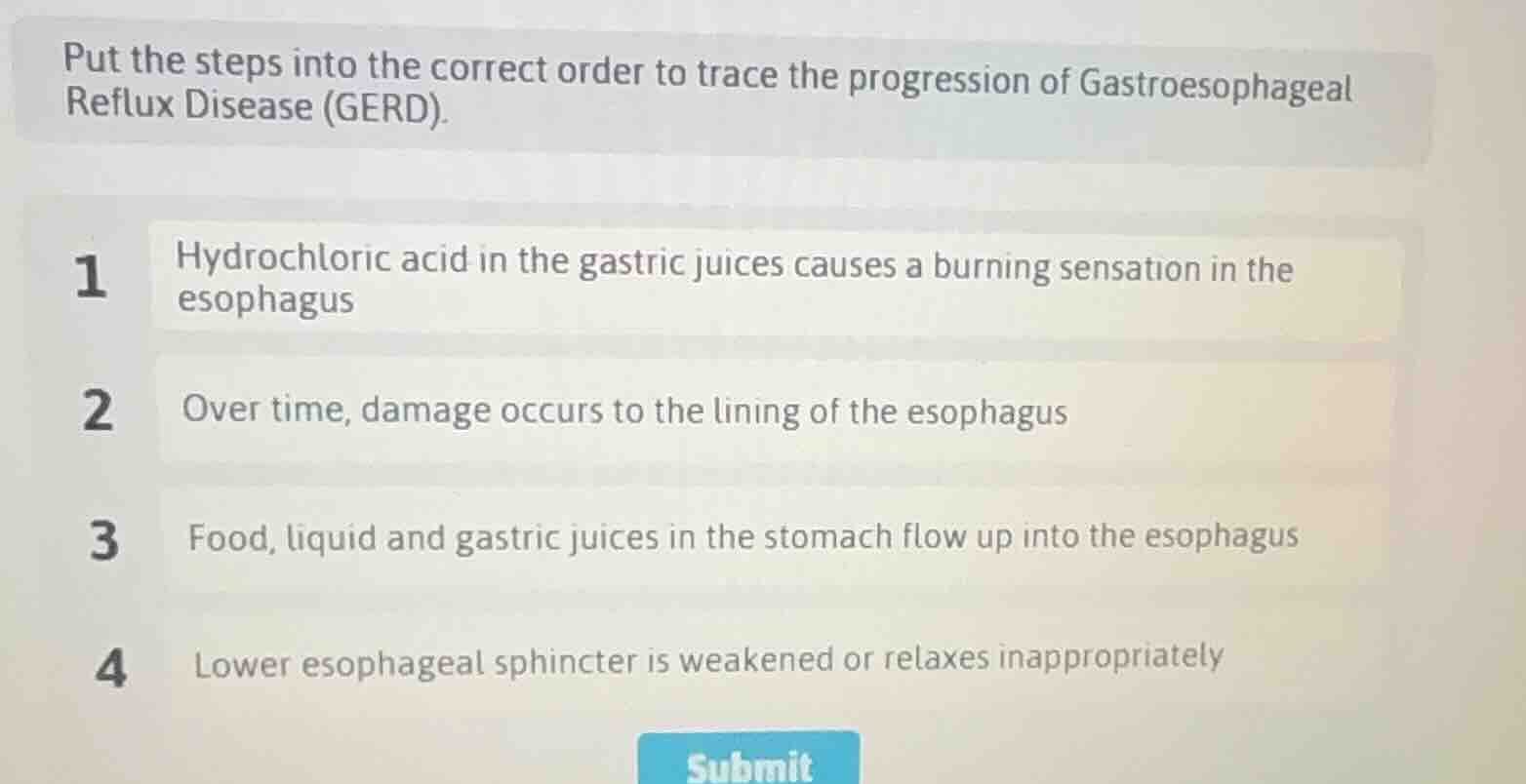 put the steps into the correct order to trace the progression of gastro…