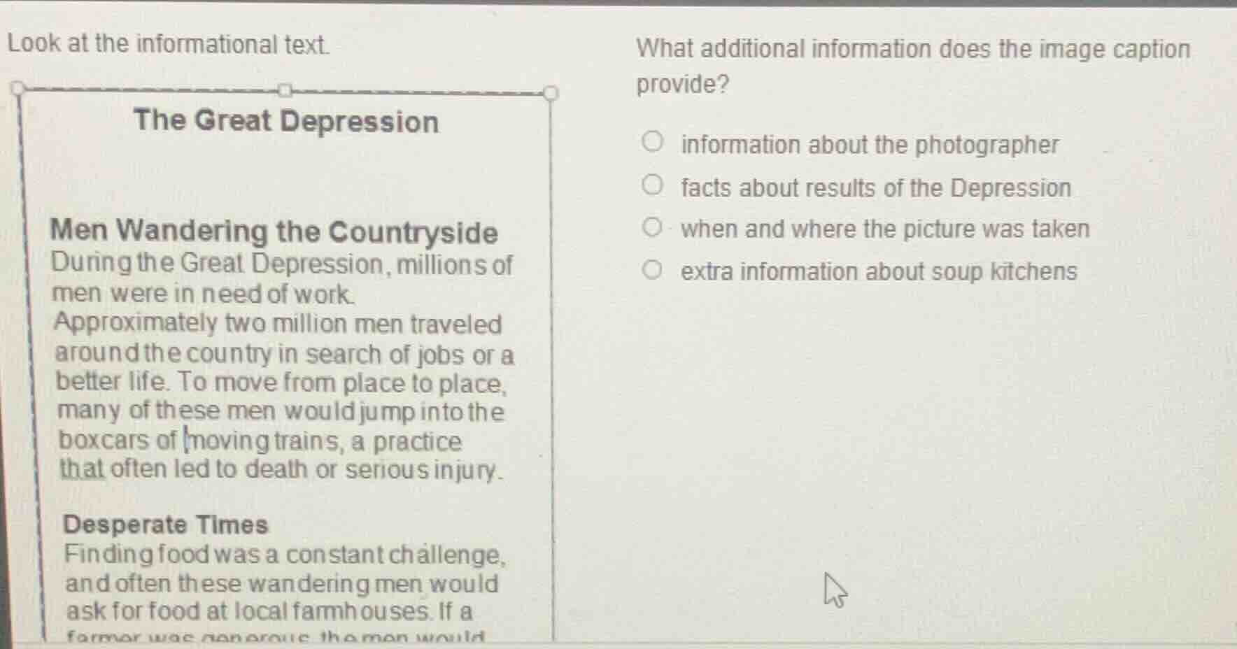 look at the informational text. the great depression men wandering the …