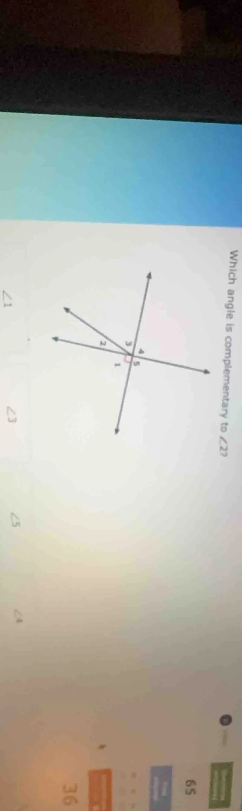 which angle is complementary to $angle2$?$angle1$$angle3$$angle5$$angle…