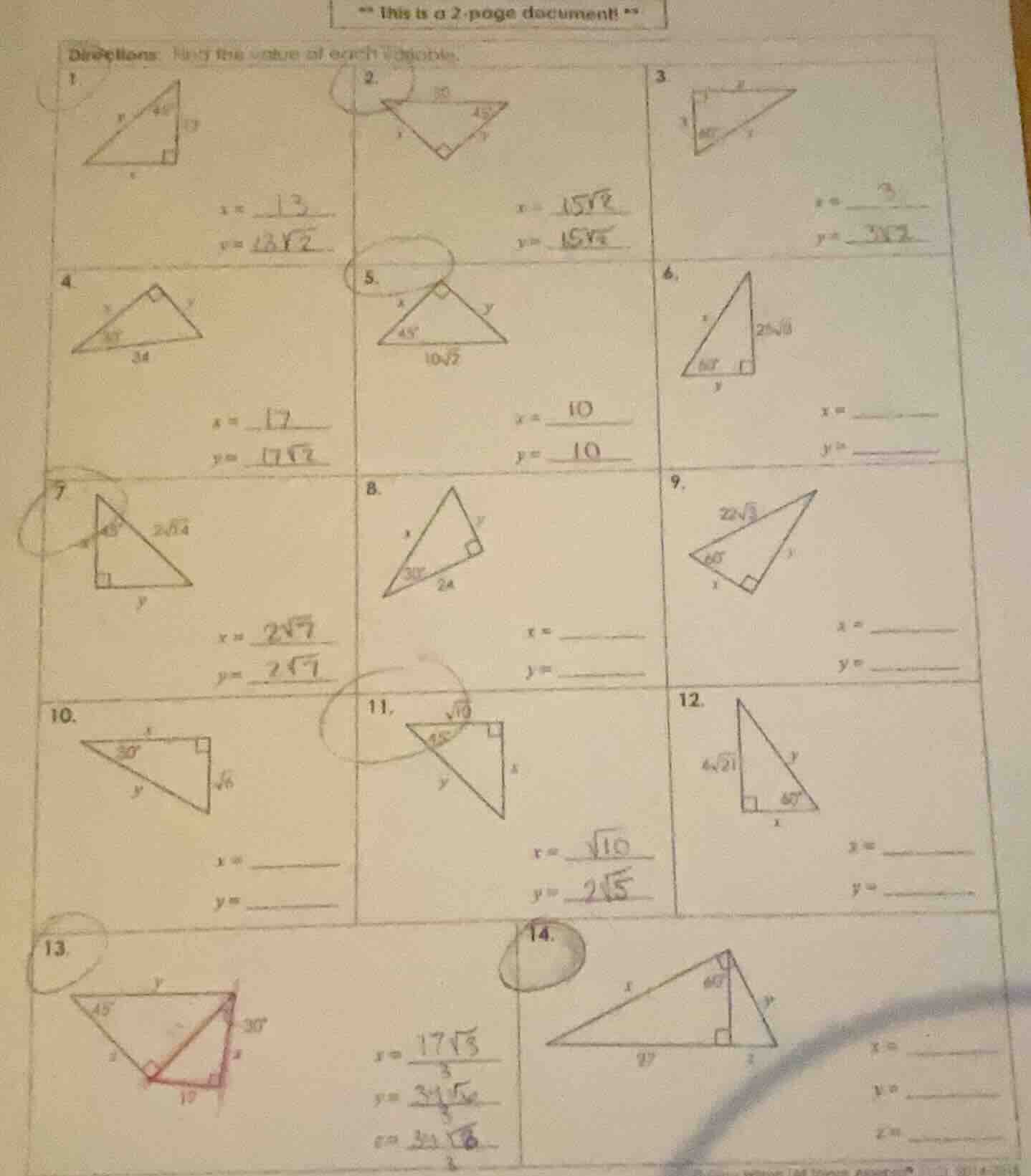 ** this is a 2-page document! ** directions: find the value of each var…