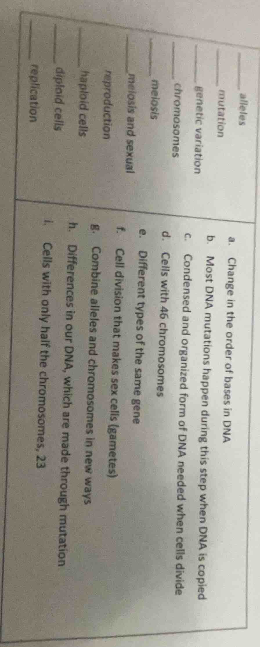 a. change in the order of bases in dna b. most dna mutations happen dur…