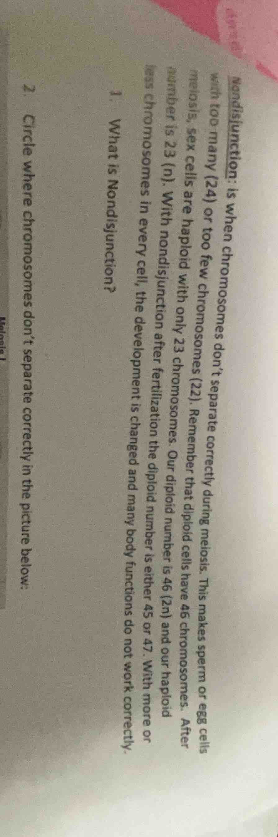 nondisjunction: is when chromosomes dont separate correctly during meio…