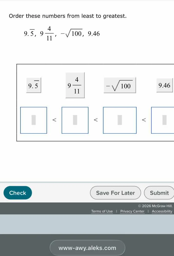 order these numbers from least to greatest. $9.\\overline{5}$, $9\\frac…
