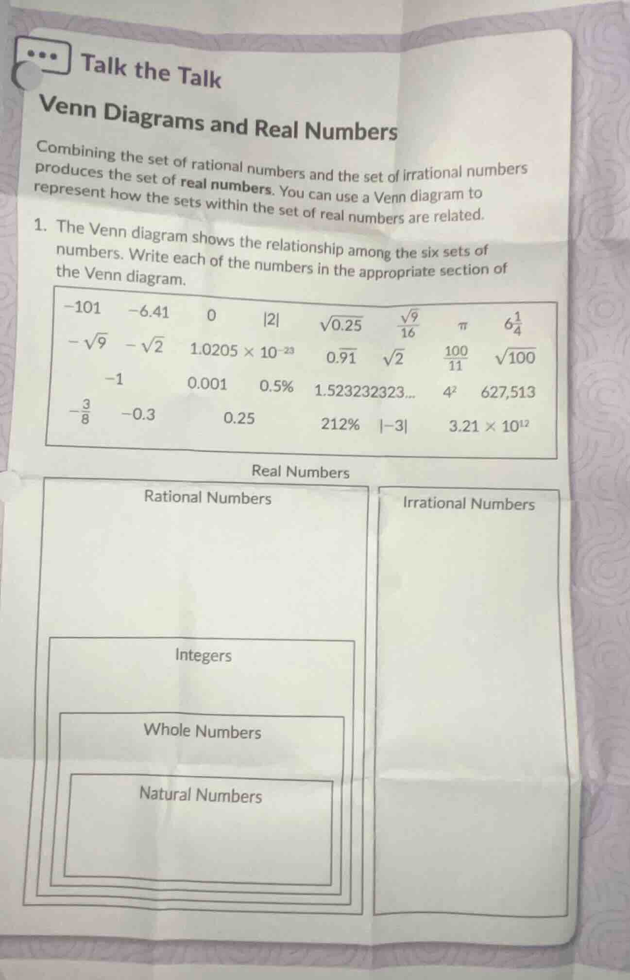 talk the talk venn diagrams and real numbers combining the set of ratio…