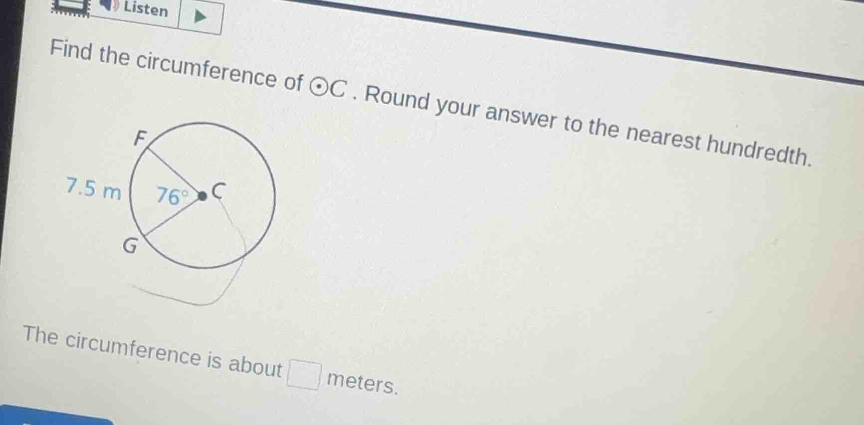 find the circumference of $odot c$. round your answer to the nearest hu…