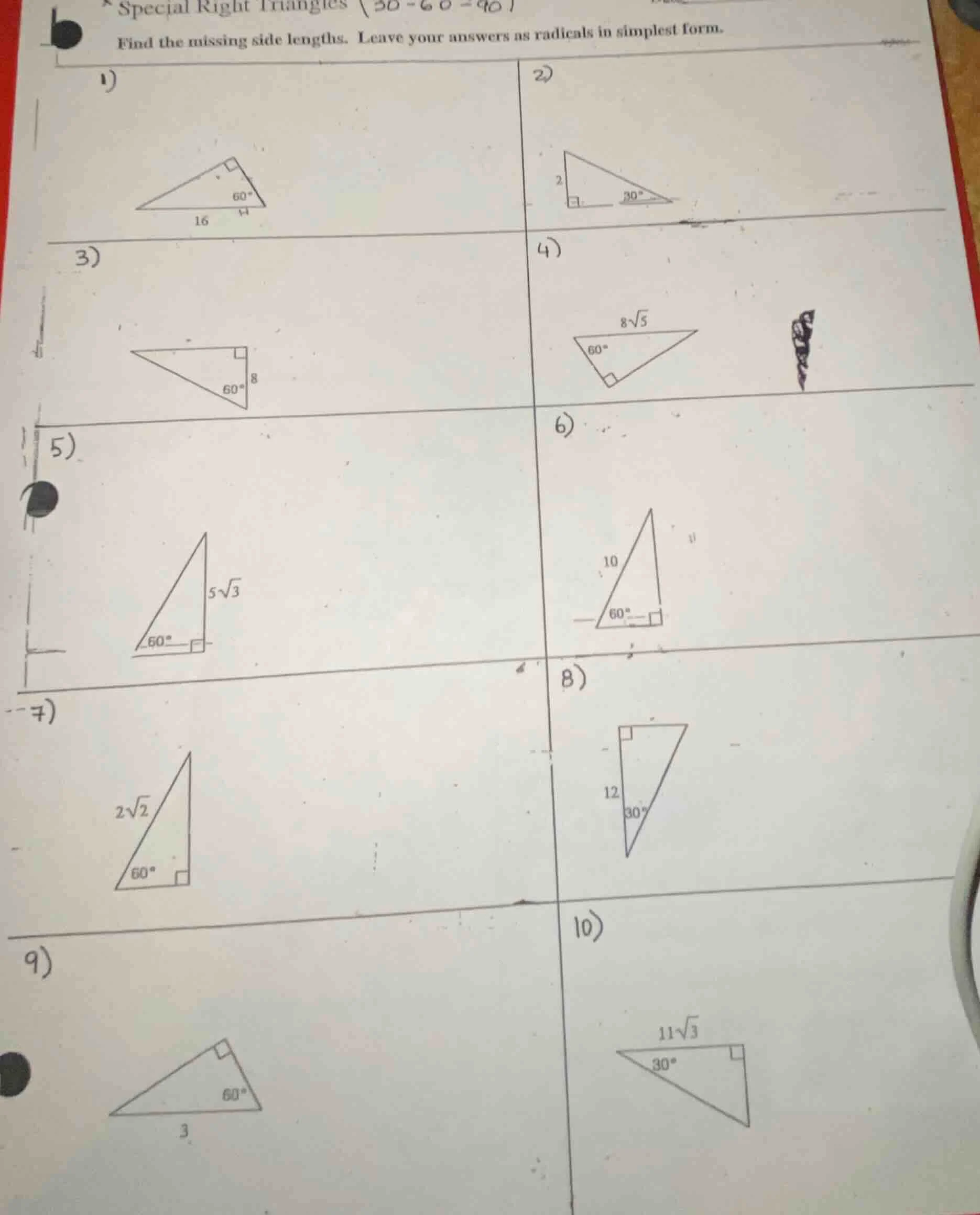 special right triangles (30-60-90)find the missing side lengths. leave …