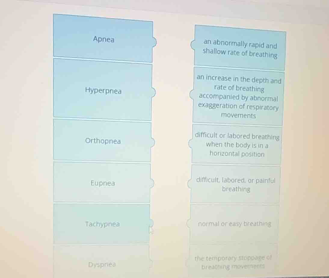 apnea hyperpnea orthopnea eupnea tachypnea dyspriea an abnormally rapid…