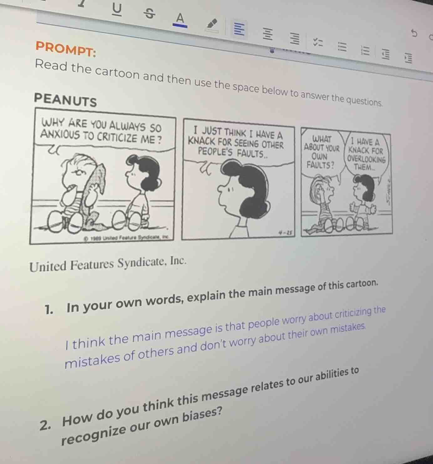 prompt: read the cartoon and then use the space below to answer the que…