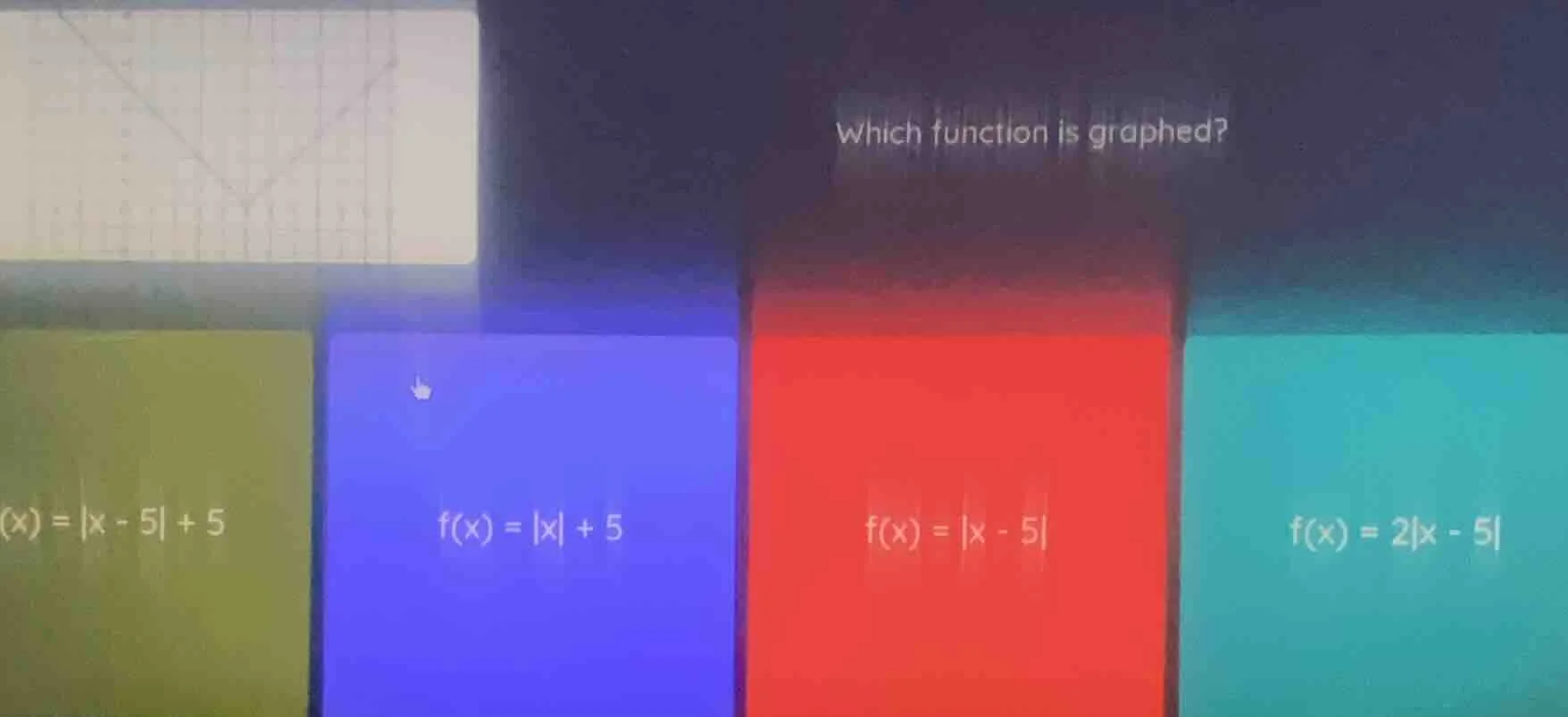 which function is graphed? $f(x) = |x - 5| + 5$ $f(x) = |x| + 5$ $f(x) …