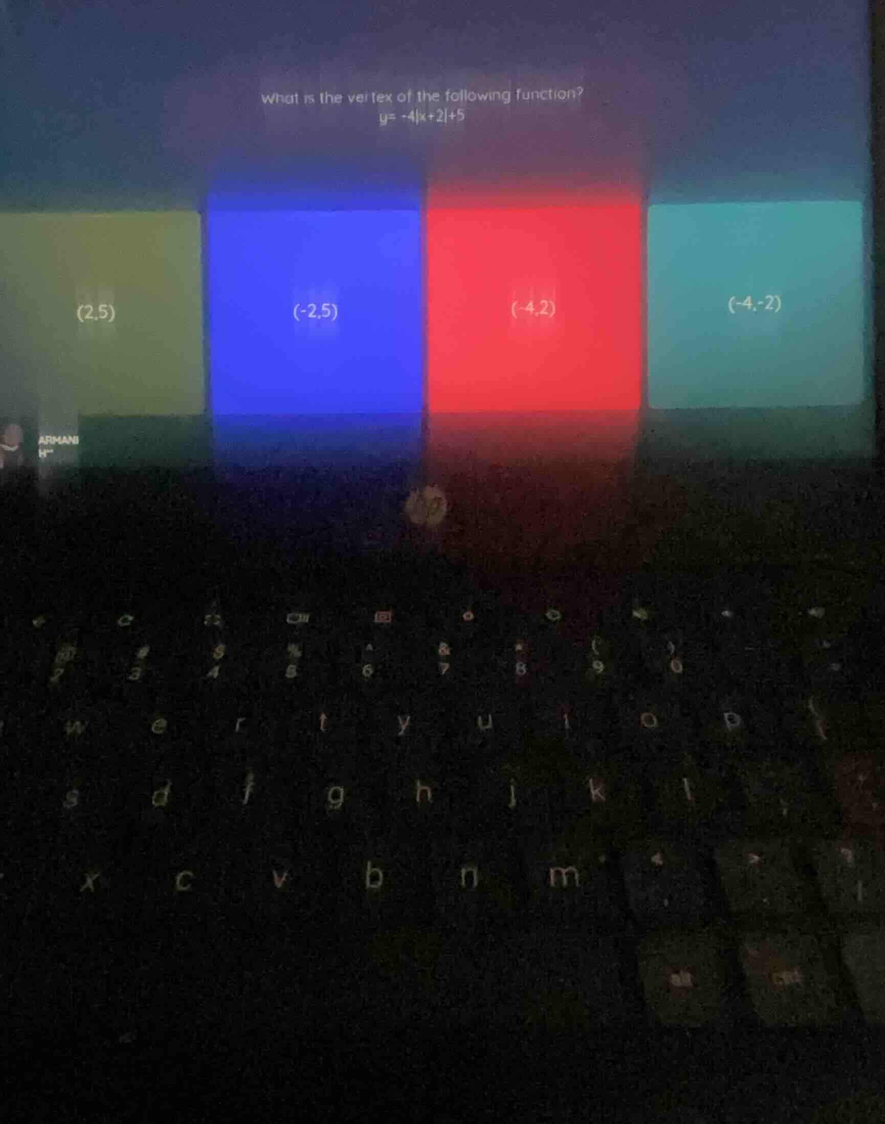 what is the vertex of the following function? $y=-4|x+2|+5$ $(2,5)$ $(-…