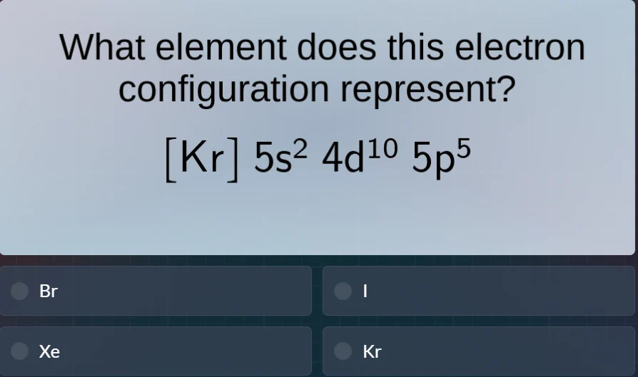 what element does this electron configuration represent? $kr 5s^2 4d^{1…