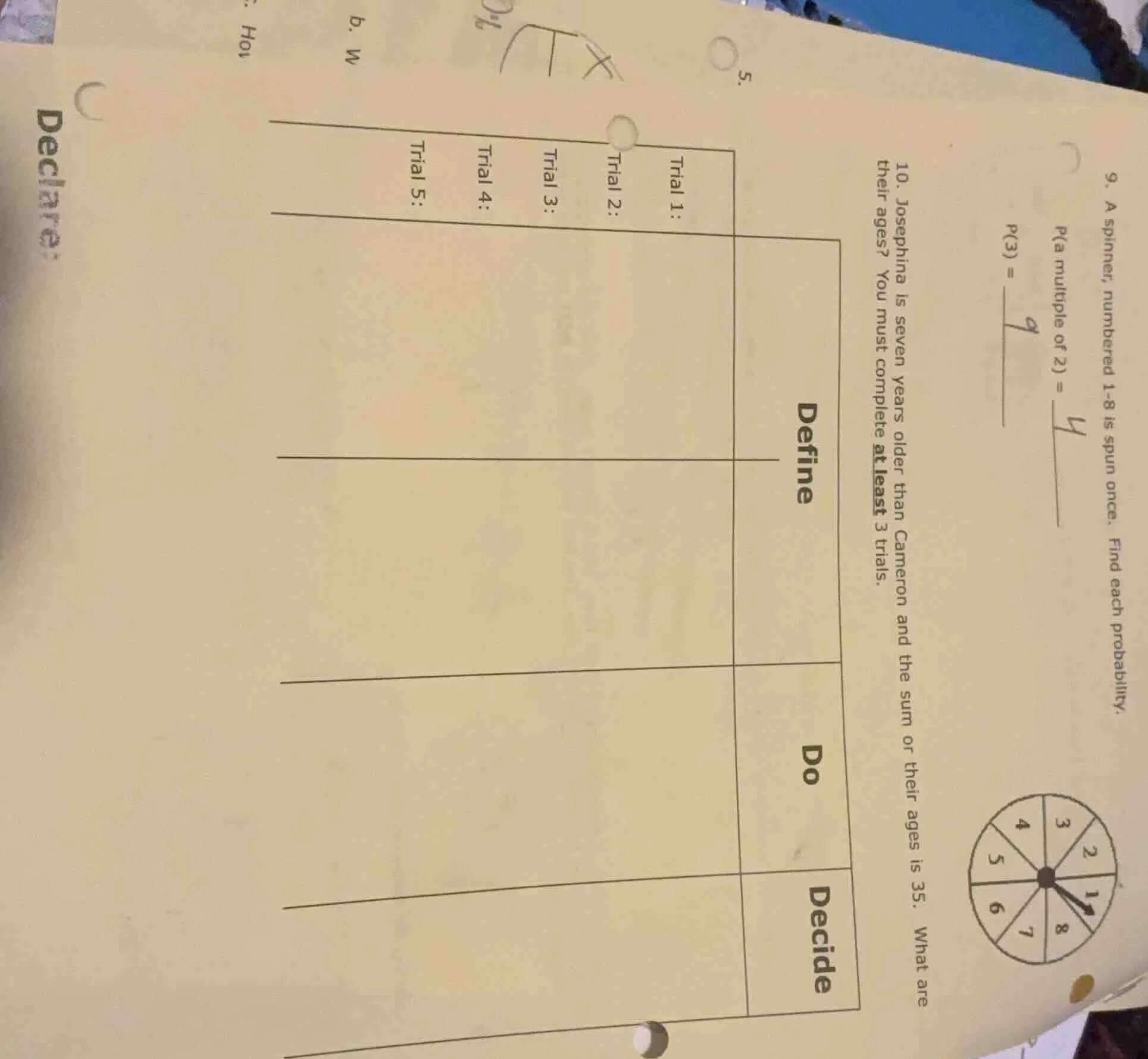 9. a spinner, numbered 1-8 is spun once. find each probability.p(a mult…
