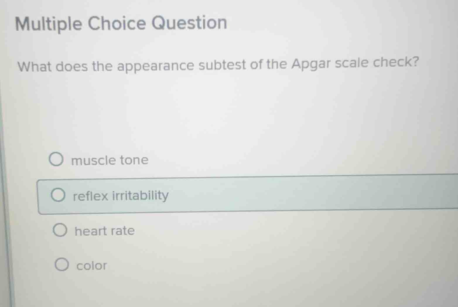 multiple choice question what does the appearance subtest of the apgar …