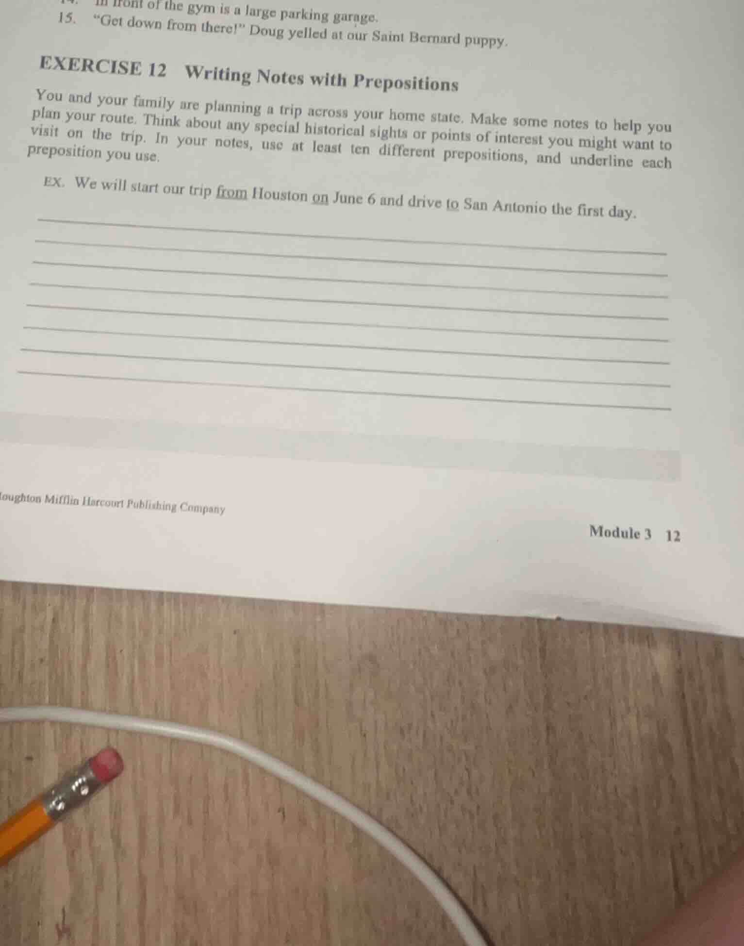 14. in front of the gym is a large parking garage. 15. \get down from t…