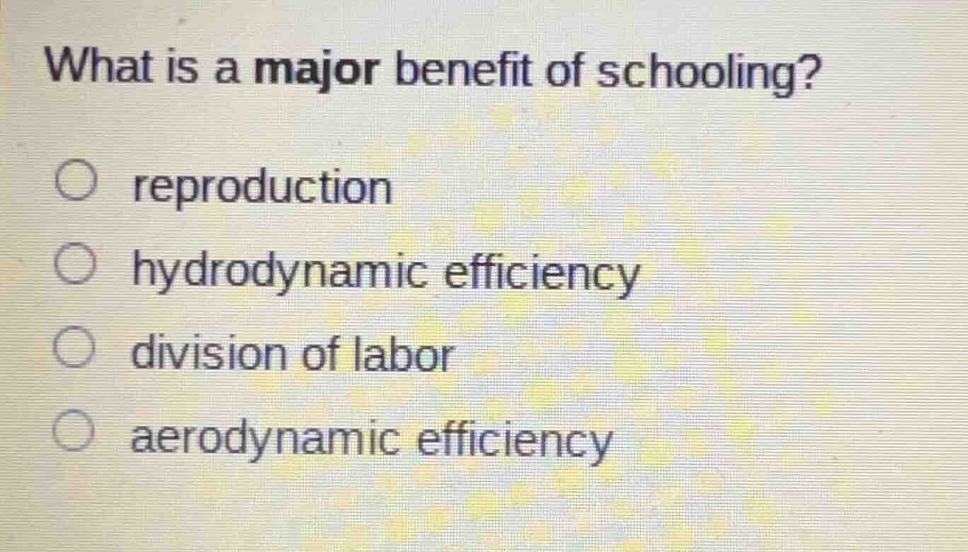 what is a major benefit of schooling? ○ reproduction ○ hydrodynamic eff…