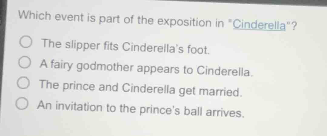 which event is part of the exposition in \cinderella\? the slipper fits…