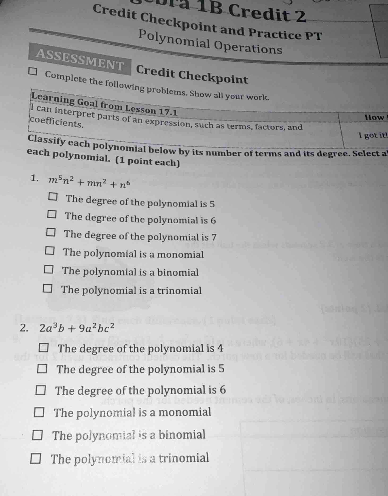 bra 1b credit 2 credit checkpoint and practice pt polynomial operations…