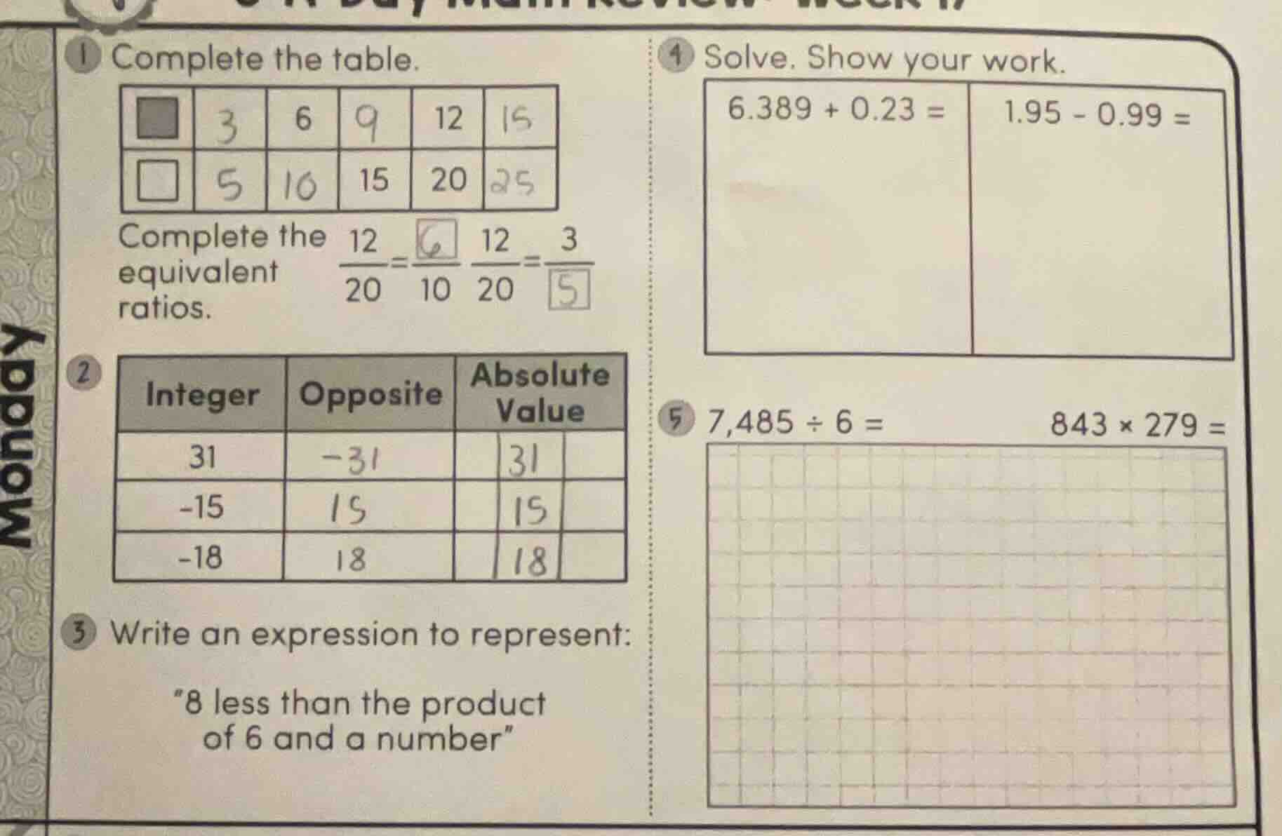 1 complete the table. □ 3 6 9 12 15 □ 5 10 15 20 25 complete the equiva…
