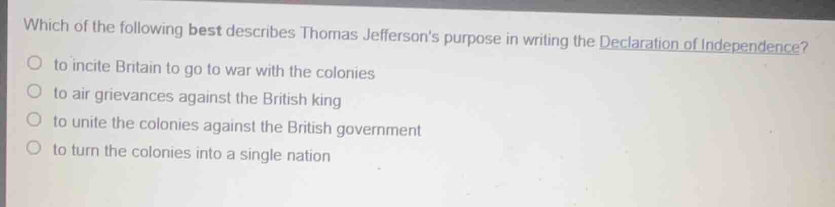 which of the following best describes thomas jeffersons purpose in writ…