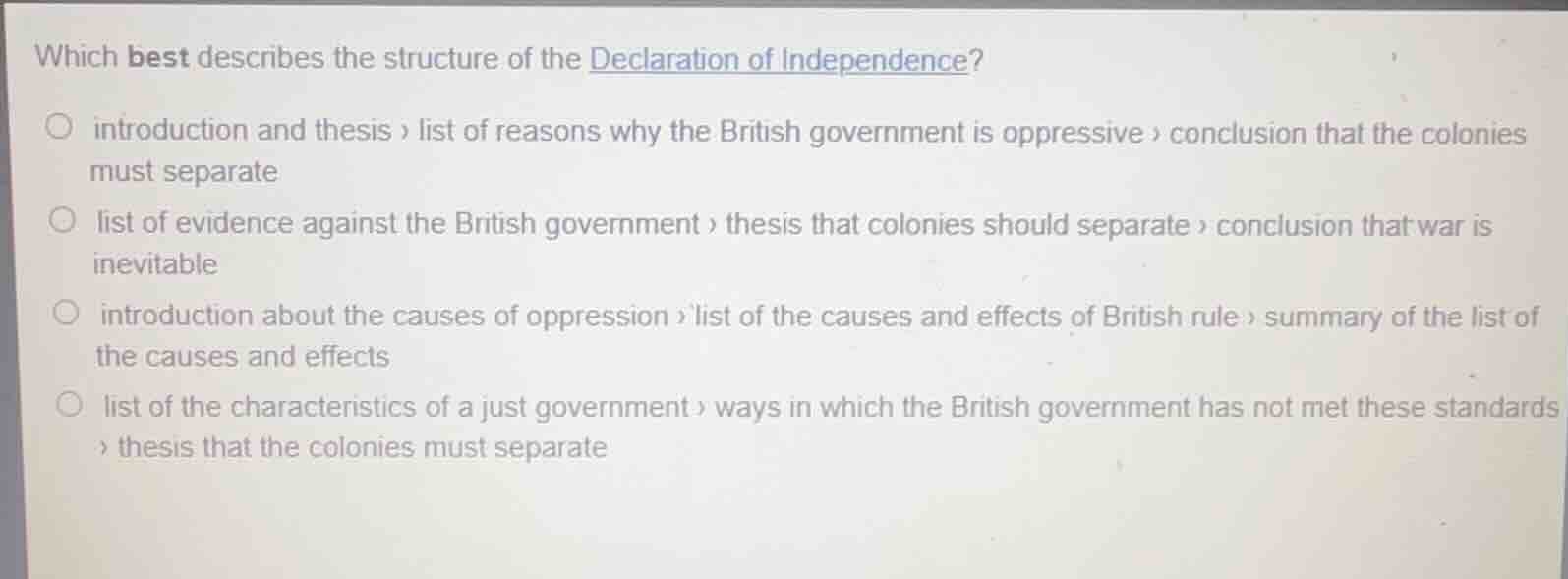 which best describes the structure of the declaration of independence?○…