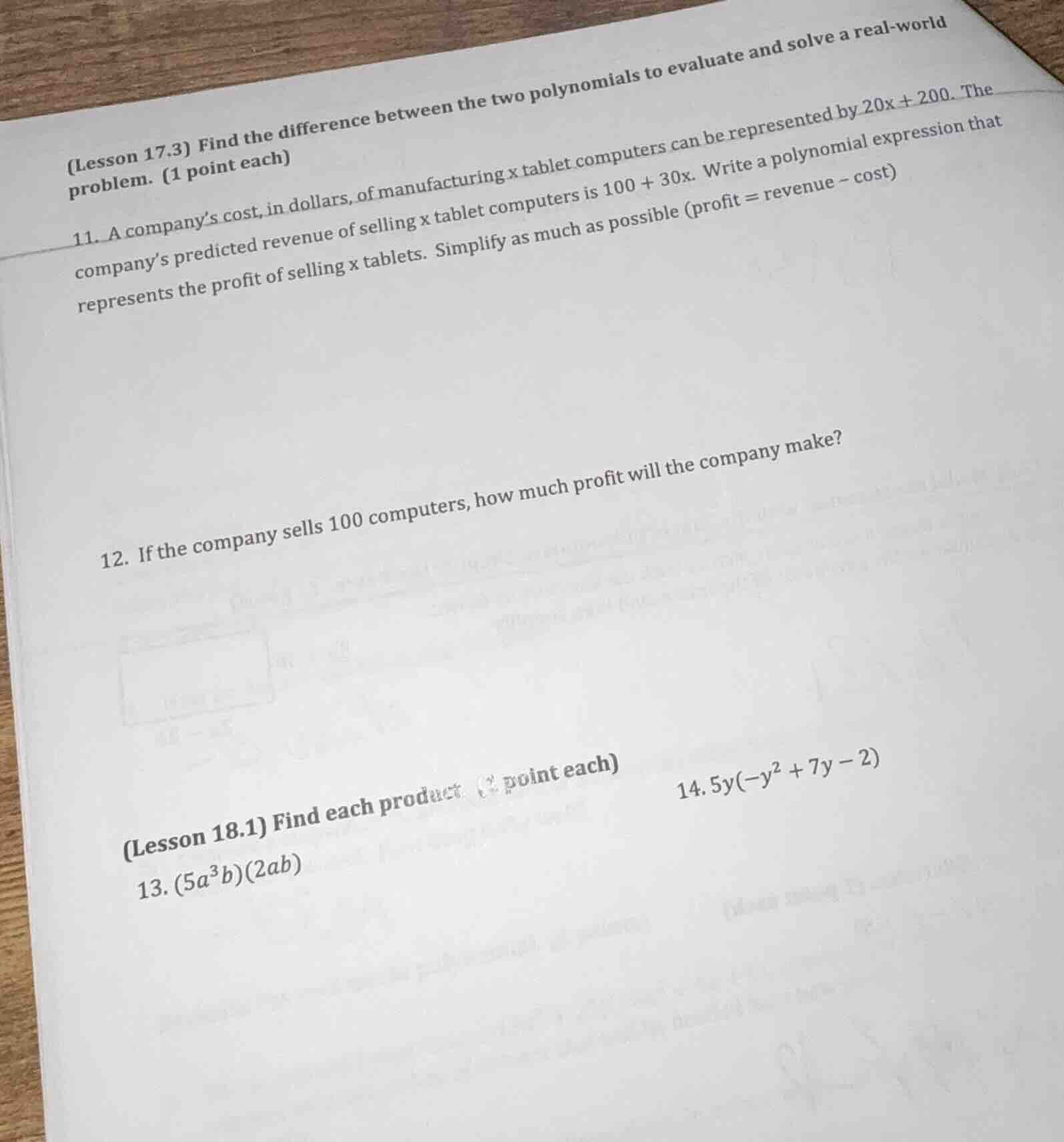 (lesson 17.3) find the difference between the two polynomials to evalua…