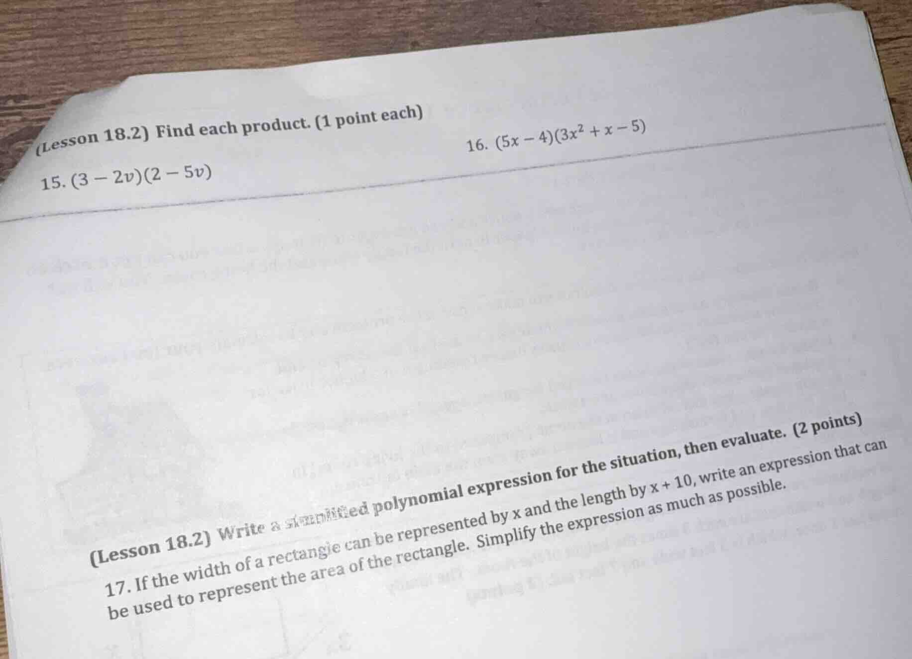 (lesson 18.2) find each product. (1 point each) 15. $(3 - 2v)(2 - 5v)$ …