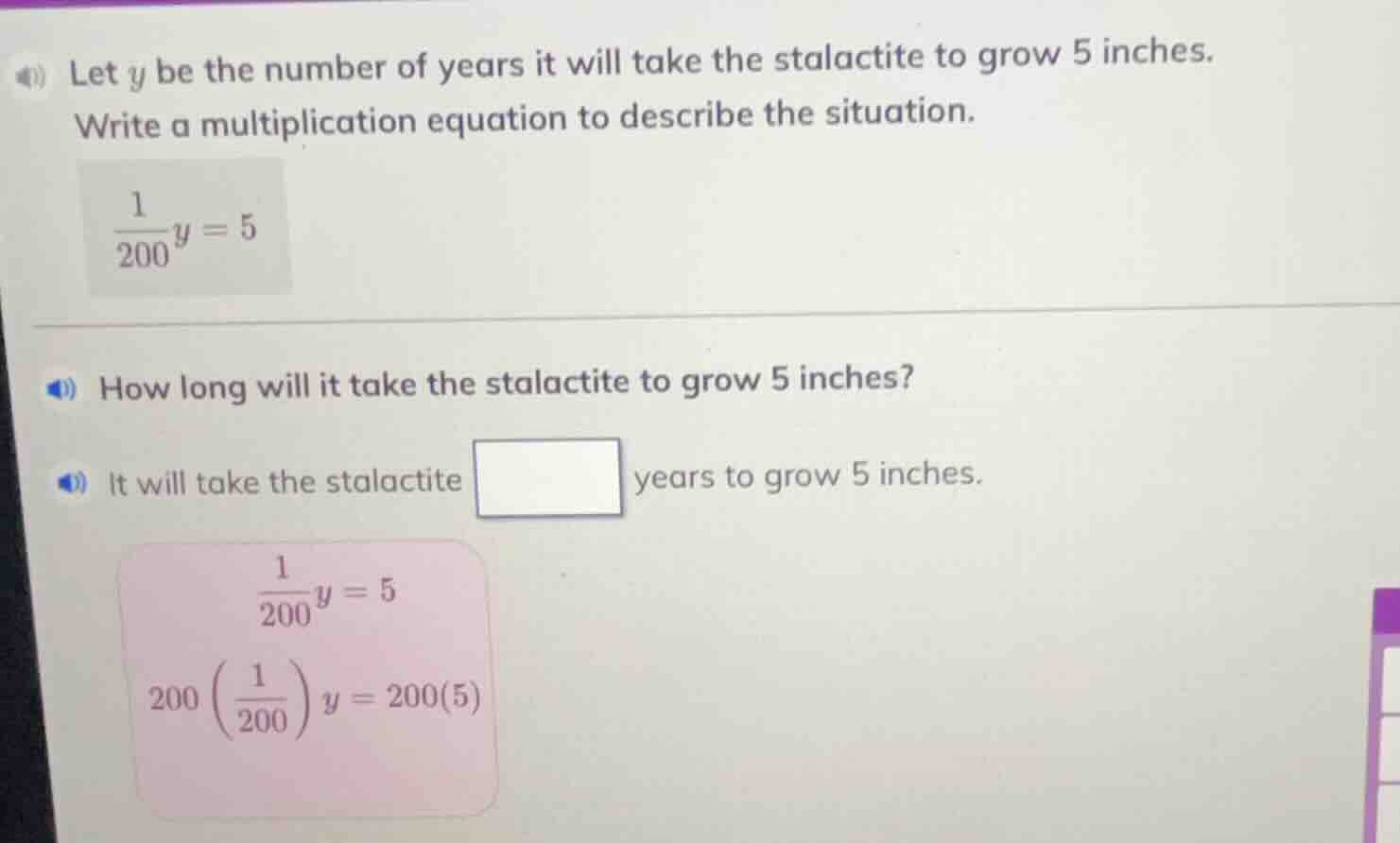 let $y$ be the number of years it will take the stalactite to grow 5 in…