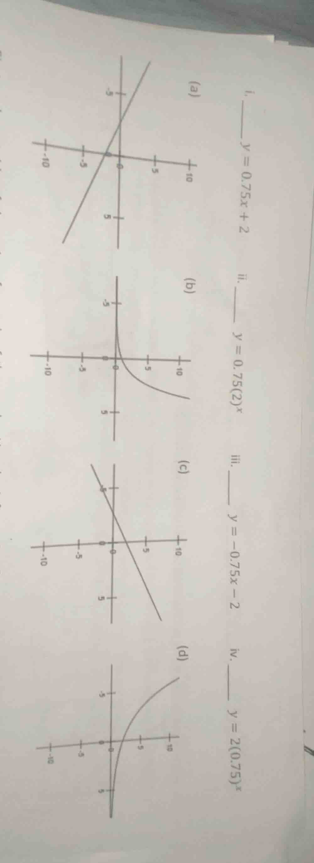 i. ______ $y = 0.75x + 2$ ii. ______ $y = 0.75(2)^x$ iii. ______ $y = -…