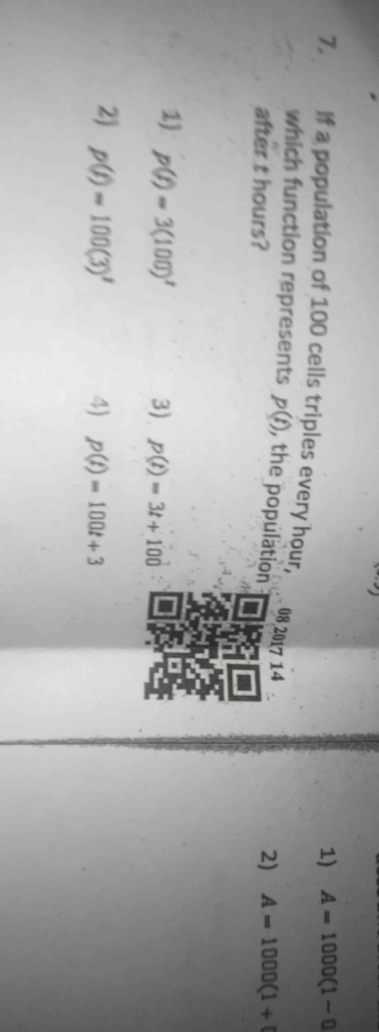 7. if a population of 100 cells triples every hour, which function repr…