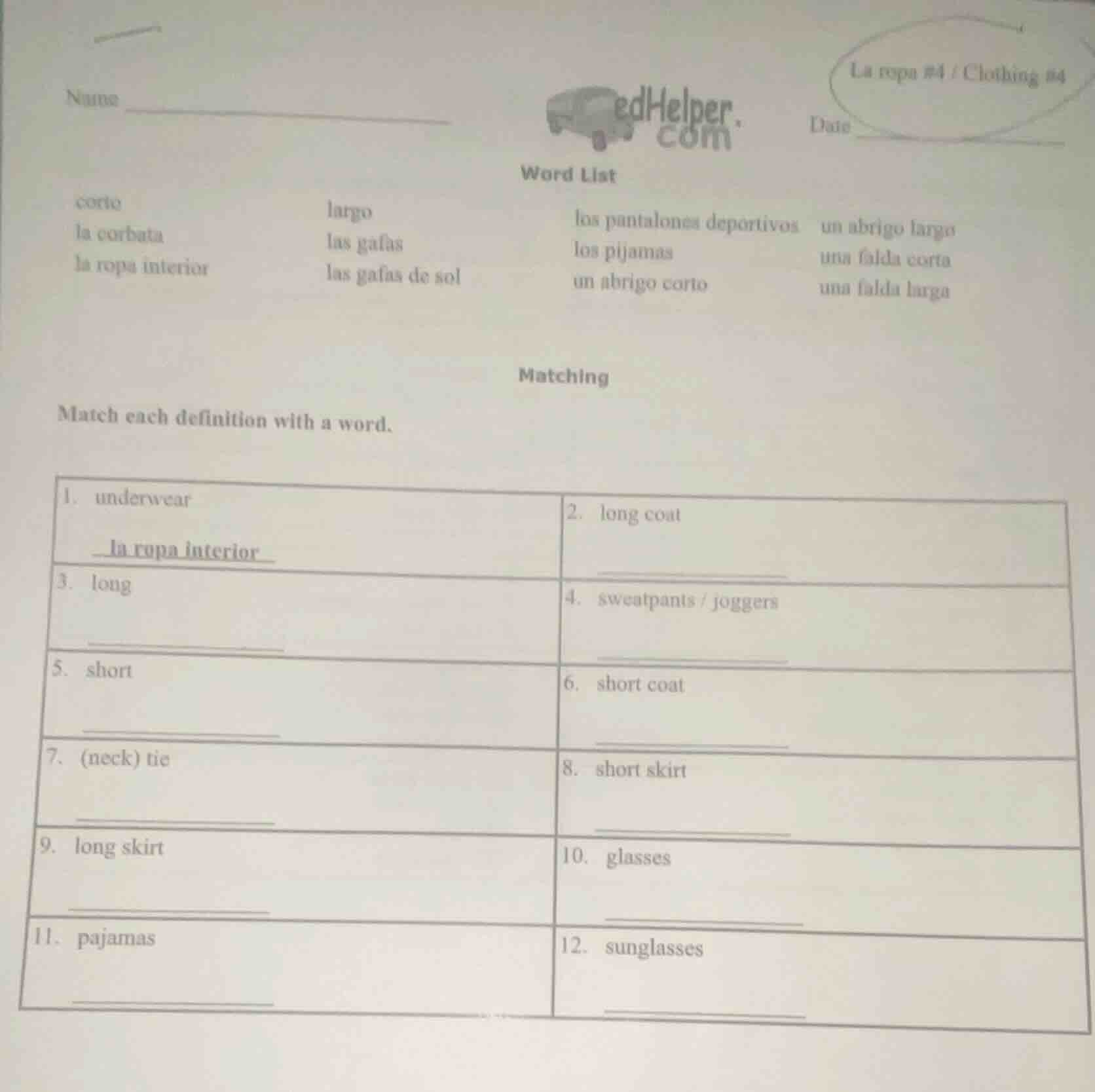 name _______________ la ropa #4 / clothing #4 date _______________ edhe…