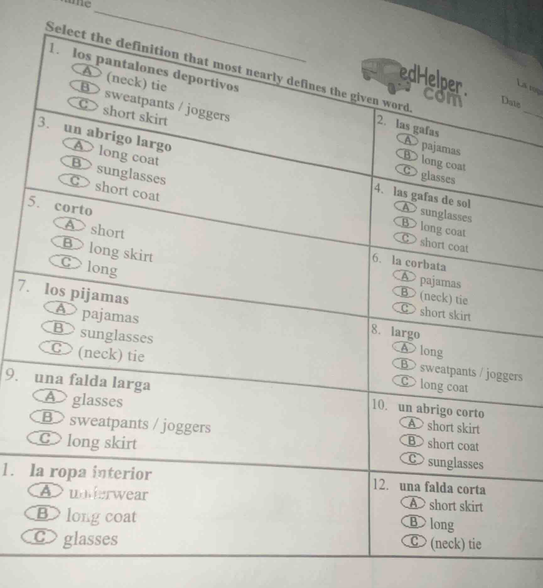 select the definition that most nearly defines the given word.1. los pa…