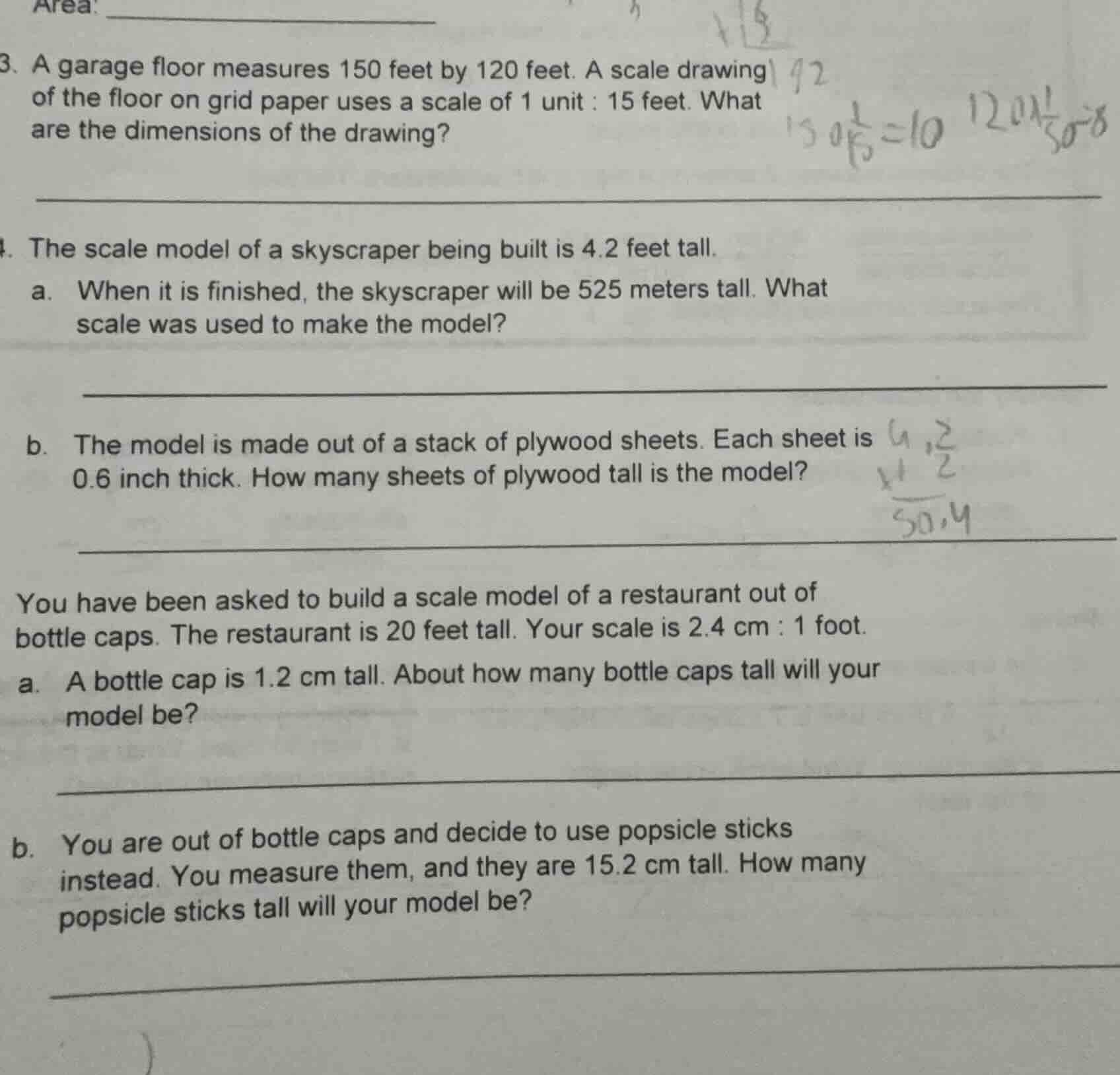 area: 3. a garage floor measures 150 feet by 120 feet. a scale drawing …